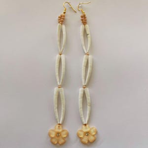 Long Shell Earrings with Peach Flower Dangle – Handmade Lightweight Boho Jewelry – Natural Dentalium Shell Beads – Summer Statement Earrings