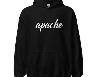 May include: Black hooded sweatshirt with the word "apache" in white script across the chest. The hoodie has a drawstring and a front pocket. The sweatshirt is made of a soft material.
