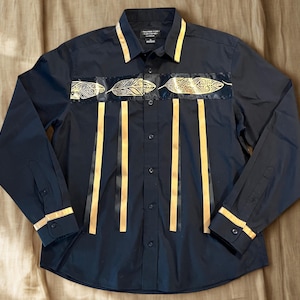 Black Ribbon Shirt with Gold Feathers, Indigenous Men Ribbon Shirt, Northwest Coast Style Regalia, Traditional Ceremony Shirt