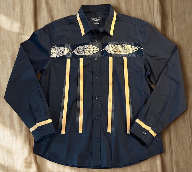 Black Ribbon Shirt with Gold Feathers, Indigenous Men Ribbon Shirt, Northwest Coast Style Regalia, Traditional Ceremony Shirt