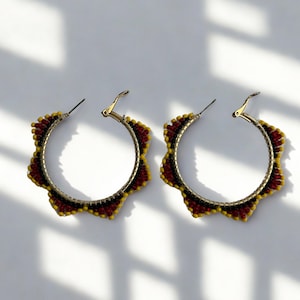 Beaded Hoop Earrings – Handmade Red, Yellow & Black Hoop Beadwork, Indigenous-Inspired Jewelry, Lightweight Festival Hoops