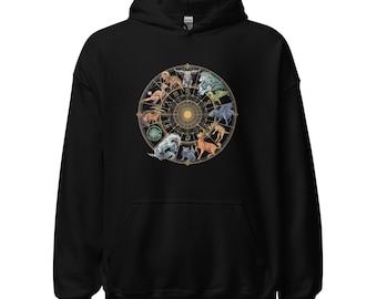 Sudadera con capucha de astrología, camiseta con la rueda del zodiaco, sudadera con horóscopo, ropa original del zodiaco, sudadera con capucha de astrología, mapa celestial, jersey de signos del zodíaco