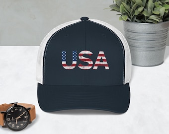 Embroidered USA Flag Trucker Hat – Patriotic Mesh-Back Cap