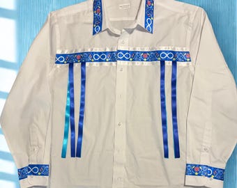 native american dress shirts Men's Native American Inspired Pattern Fleece Western Shirt in Turquoise & Brown