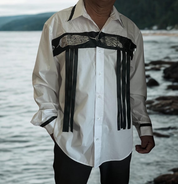native dress shirts Four-Directions, Black Long-Sleeve Ribbon Shirt