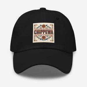 May include: Black baseball cap with a decorative patch featuring the word "CHIPPEWA" in a plaid pattern. The patch includes floral and geometric designs in red, orange, and blue.