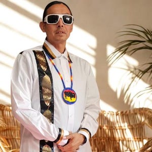 Mens White Button-Up Ribbon Shirt with Gold & Black Feather Ribbons – Indigenous-Inspired Formal Wear
