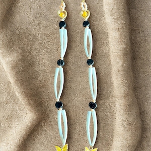 Long Butterfly Earrings – Handmade Beaded Earrings with Yellow Charms & Heart Beads, Lightweight Dangles, Indigenous Jewelry