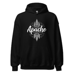 May include: Black hooded sweatshirt with the word "Apache" in white script, surrounded by a circular design with feather illustrations. The sweatshirt has a drawstring hood and a front pocket.