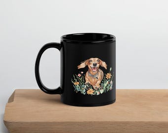 Tasse à café teckel noir • Art floral chien Happy Wiener