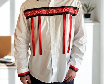 Mens Ribbon Shirt, Native American Shirt, Metis Clothing, Pow Wow Regalia, Indigenous Owned, Red Metis Shirt, Aboriginal Wear