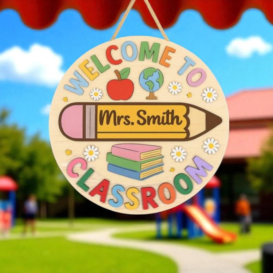Personalized Classroom Door Sign – Custom Teacher Name Round Wooden ...