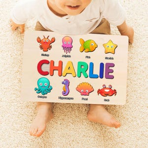 Personalized Ocean Animal Name Puzzle – Custom Wooden Montessori Toy for Toddlers with Sea Creatures, Educational Baby Gift