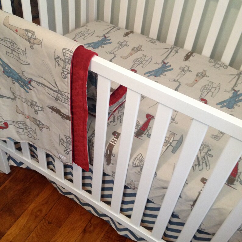 Airplane Crib Bedding Bumperless Baby Retro Sheet Blanket Chevron Skirt Fitted