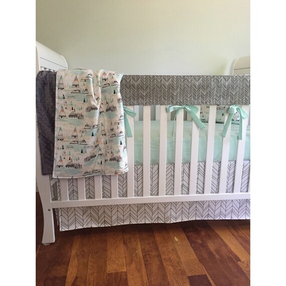 Crib Bedding Baby Rail Cover Woodland Nursery Tee Decor Set Monogram Blanket Mint And Gray