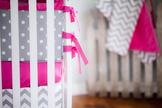 Gray And Hot Pink Crib Bedding Polka Dot Bumpers Girl Crib Etsy