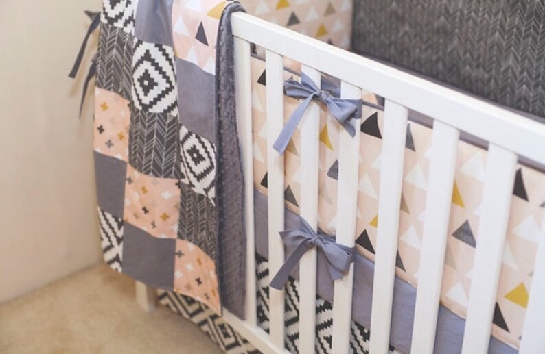 Girl Crib Bedding. Geometric Baby Bedding. Pink and Gray Etsy