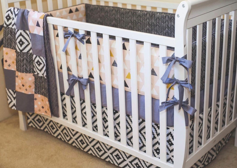 Girl Crib Bedding. Geometric Baby Bedding. Pink and Gray Etsy