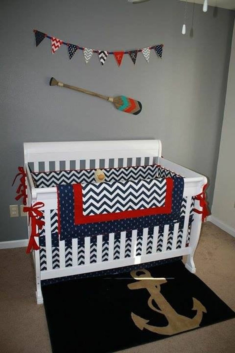 Nautical Crib Bedding Navy And Red Chevron Skirt Nursery Decor Anchor Sheet Baby Boy Set