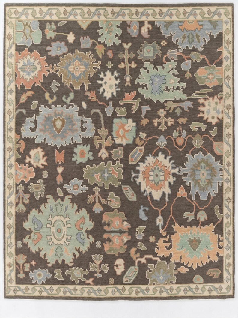 Tapis Oushak brun terreux noué à la main, grand tapis en laine moderne bio, cacao foncé et floral sauge, décoration de sol discrète de luxe personnalisée image 6