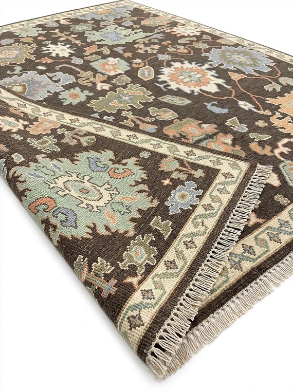 Hand-Knotted Earthy Brown Oushak Rug Organic Modern Large Wool Carpet Dark Cocoa and Sage Floral Area Rug Custom Luxury Muted Floor Decor