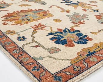 Tapis Oushak noué à la main, tapis en laine ivoire, tapis floral turc bleu et rouille, fait main, tapis oriental traditionnel pour décoration de salon et chambre à coucher