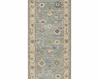 Tapis de passage oushak bleu poussiéreux noué à la main - 3' x 12' tapis de couloir en laine bleu clair et crème