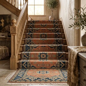 Könnte beinhalten: Holztreppe mit gemusterten Treppenläufern in Orange-, Marineblau- und Beigetönen. Die Läufer weisen geometrische und florale Muster auf. Am Fuß der Treppe befindet sich ein passender Teppich. Die Treppe befindet sich in einem hellen, traditionellen Haus.