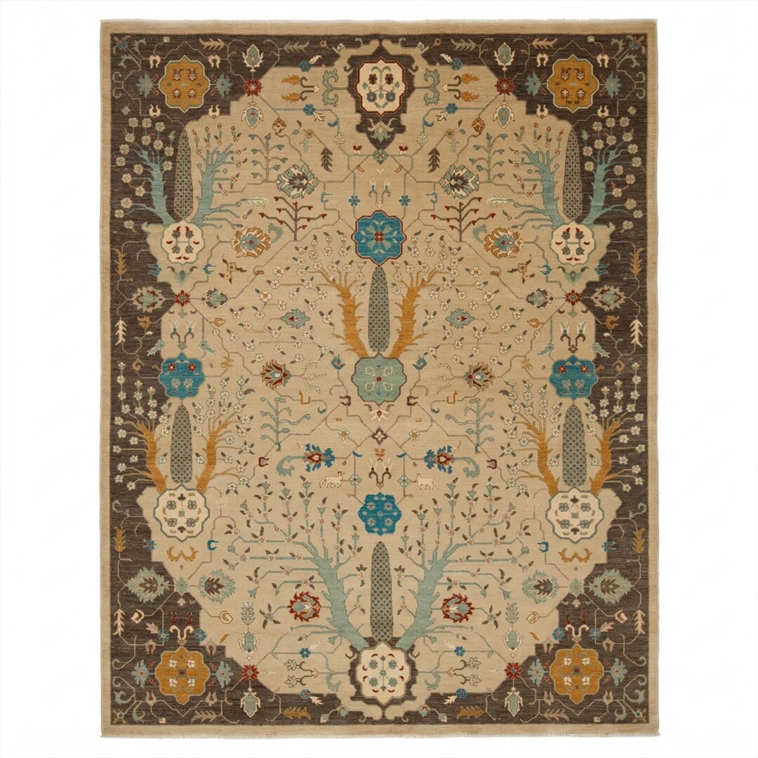 Hand Knotted Tree of Life Rug, Tan and Brown Wool Area Rug Traditional ...
