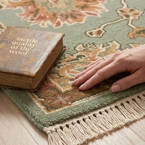 May include: A detailed shot of a rug with a floral pattern in shades of green, peach, and brown. The rug has a fringed edge and a book with the text "tactile quality of the wool".