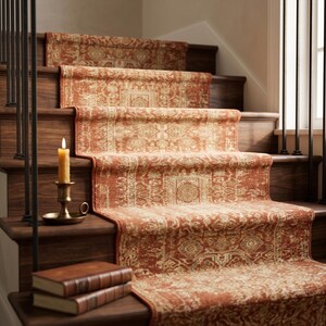 May include: A staircase with wooden steps and a runner rug. The rug has a distressed, vintage look with a red-orange and cream pattern. A lit candle in a brass holder sits on a step, with two leather-bound books.