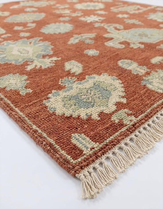 Rust Hand Knotted Wool Rug, Abstract Modern Oushak , [8X10] FT Vintage Inspired Rug, Tribal Area Rug for Living Room Bedroom