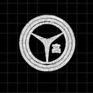 May include: White embroidered steering wheel design on a black background. The steering wheel has a three-spoke design with a small emblem in the center. The embroidery is detailed, with visible thread texture.