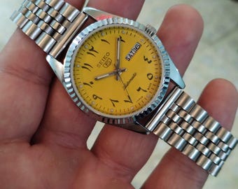 Reloj de pulsera automático Seiko 5 vintage para hombre, esfera árabe amarilla, acero inoxidable, japonés, de 35 mm, regalo para él.