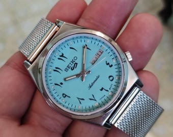 vintage Seiko 5 Herren Automatik türkisfarbenes Zifferblatt Arbeitsarmbanduhr..37.5 mm gebrauchte unisex Uhr tägliche tragen