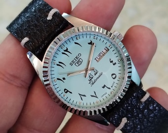 vintage Seiko 5 Herren Automatik türkis Zifferblatt Day Date Japan Armbanduhr ..35 mm Lederband Unisex