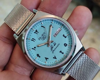 vintage Seiko 5 Herren Automatik türkisfarbenes Zifferblatt Arbeitsarmbanduhr..37.5 mm gebraucht Alltagskleidung retro