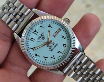 vintage Seiko 5 Herren Automatik türkisfarbenes Zifferblatt Edelstahl Japan Armbanduhr..35 mm Geschenk für ihn
