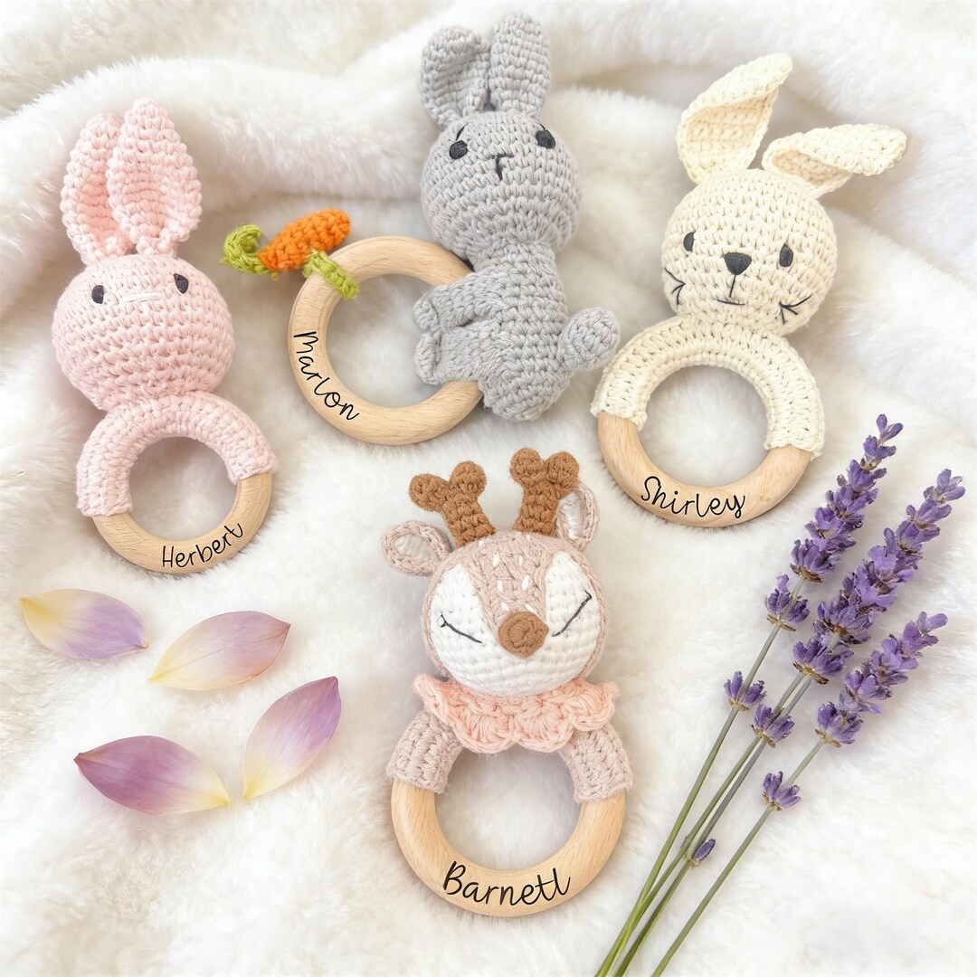 Personalized Crochet Baby Rattle – Custom Engraved Wooden Rattle for ...