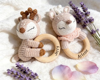 Personalized Animal Crochet Rattle – Custom Wooden Baby Rattle with Name