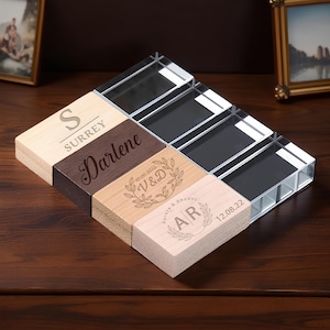 Personalized Crystal USB Drive with Wooden Box – Custom Engraved USB Flash Drive for Weddings, Photography, Logos – 4GB to 128GB