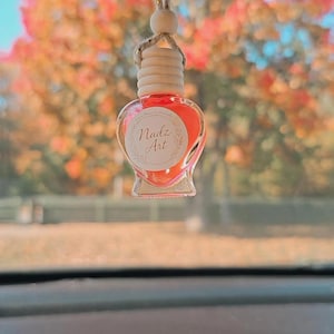 May include: A heart-shaped car air freshener with a reddish-orange liquid inside. It has a wooden cap and is suspended by a string. The label reads "Nadz Art". The background shows autumn foliage.