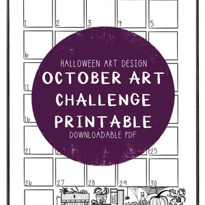 Puede incluir: Calendario imprimible en blanco y negro con el texto "October Art Challenge" y "Halloween Art Design". El calendario tiene casillas para cada día del mes, con elementos decorativos en la parte inferior, incluyendo libros y una calabaza.
