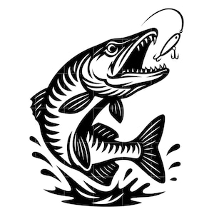Op de afbeelding: Zwart-wit illustratie van een vis die uit het water springt, met een vislokmiddel erboven. De vis heeft gedetailleerde schubben en vinnen, met waterspatten. Een ontwerp met een visthema.