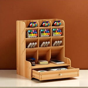 Wooden desk organiser with drawer, large diy desktop pen holder storage box, school office stationery tidy for home use