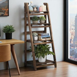 Folding 4 Tier Wooden Ladder Shelf, Plant Display Rack, Bookcase for Living Room, Indoor Storage Shelving Unit Stand