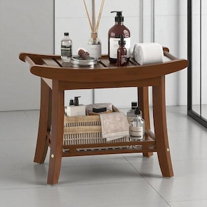 Bamboo Shower Bench Stool with Shelf, Bathroom Seat for Inside Shower or Bathtub, Foot Rest for Shaving Legs, Chestnut Brown