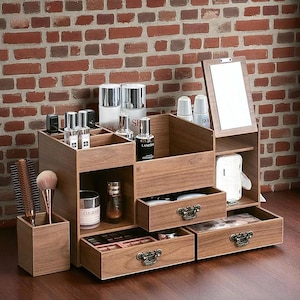 Wooden Makeup Organizer Box with Mirror, Large Capacity Vanity Storage with Drawers, Bamboo Cosmetic Stand for Desk