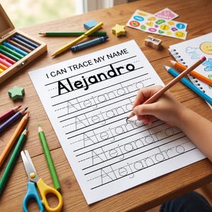 May include: A white worksheet titled I CAN TRACE MY NAME with the name Alejandro printed in bold and dotted lines for practice. A hand holds a wooden pencil to trace the letters. Colored pencils, scissors, and stickers are nearby.