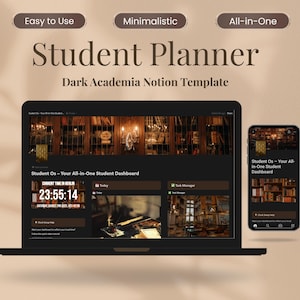 May include: A laptop and smartphone showcasing a dark academia student planner. The laptop displays a dashboard with a library backdrop, a clock, and the words "Student Planner." The smartphone mirrors the laptop's display.